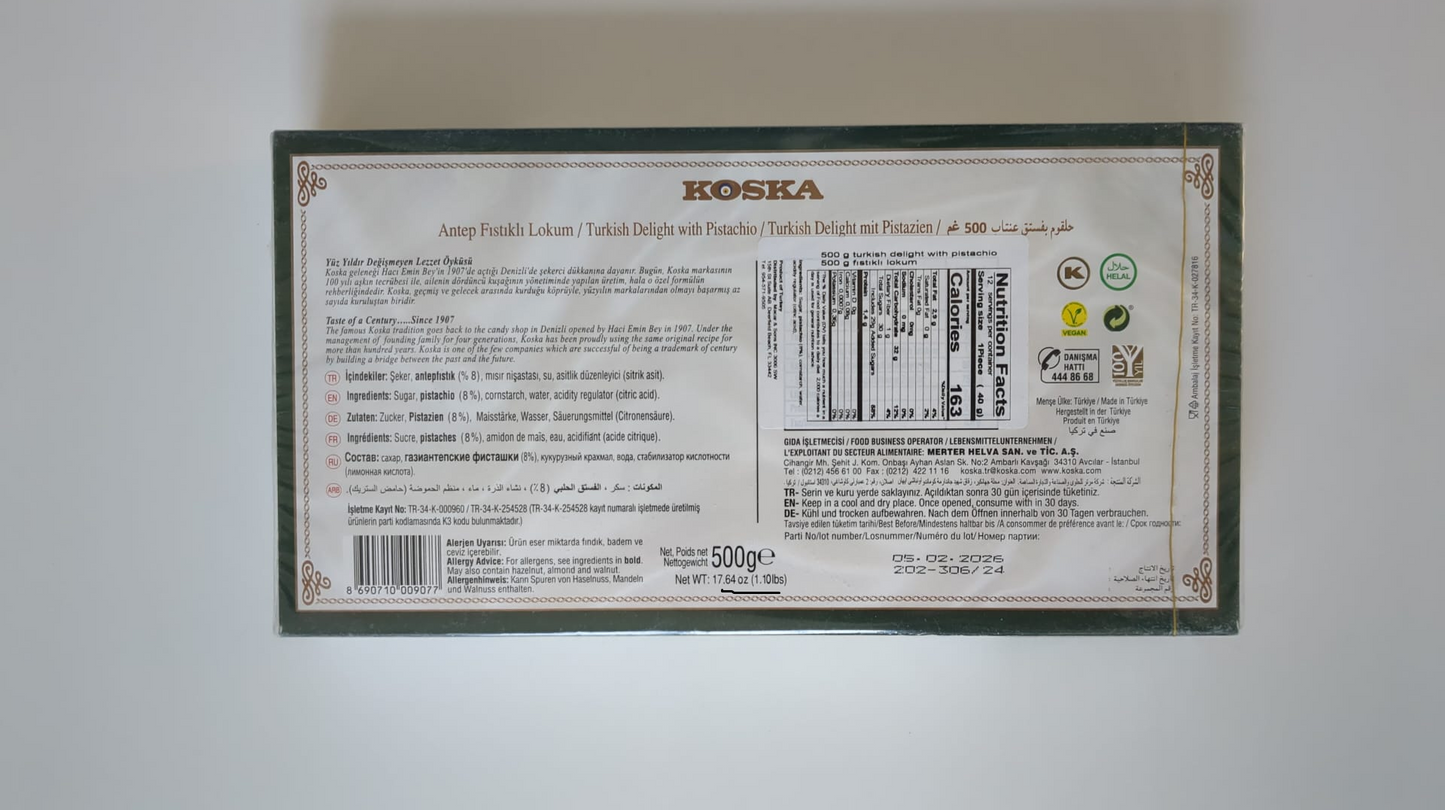Koska Turkish Delight Pistachio Fistikli Lokum - 1.10 lbs (500gr)