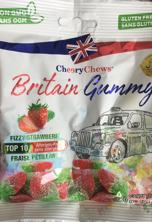 Cheery Chews Britain Gummy Fizzy Strawberries - 2.82 oz (80gr)