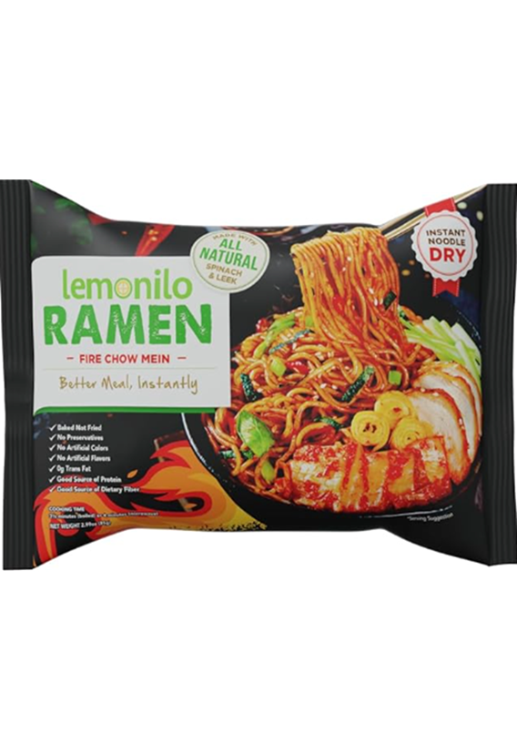 Lemonilo Ramen - Fire Chow Mein - Healthy Instant Ramen - Oven Baked Noodles with Spinach and Leek - 2.82 Oz