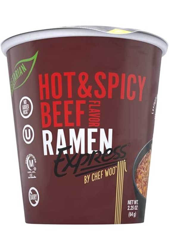 RAMEN EXPRESS Hot & Spicy Beef Flavor Cup Noodle by Chef Woo - 2.25 Oz