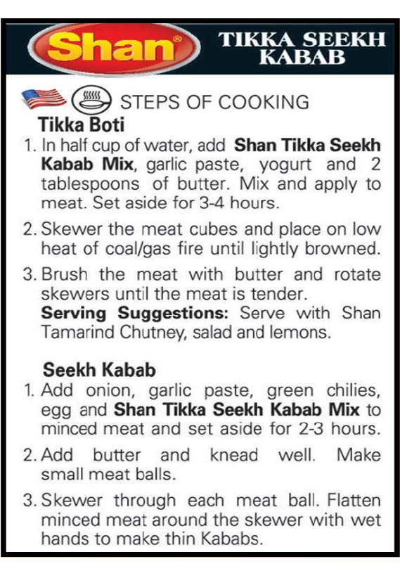 Shan Tikka Seekh Kabab Recipe & Seasoning Mix - 1.75 oz (50g)